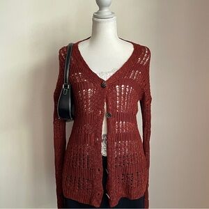 Vintage Y2K Crochet Knit Cardigan Sweater Rust Boho Festival Retro Groovy Mudd